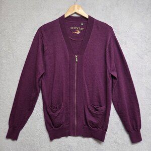 Orvis Sweater Mens Medium Burgundy 100% Merino Wool Zip Up Cardigan V-Neck